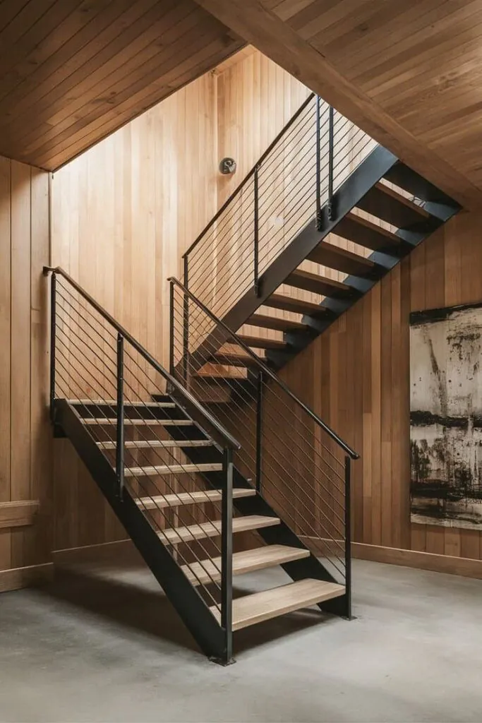 Indoor double stringer stairs with custom metal railings